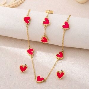 Gold and Red Heart Necklace and Bracelet Set